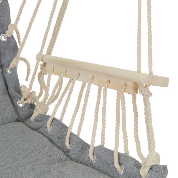 ECD Germany Design Hängesessel mit extrem gemütlichem 6cm dicken Sitzkissen aus Baumwolle und Armlehnen/Querstab aus Holz, belastbar bis 120kg, Grau, Gepolsterter Hängestuhl Hängematte Hängesitz