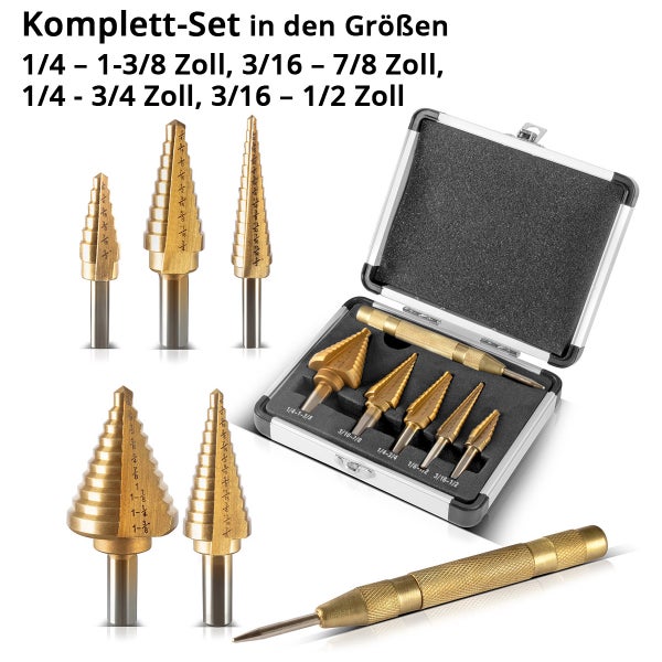Stufenbohrer Set 6 teilig mit 5 Stufenbohrern in Zollgrößen und einem Automatik Körner im Metallkoffer.