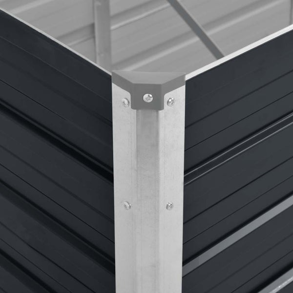Nahaufnahme der Eckverbindung eines Hochbeets aus Metall mit Schrauben und Kunststoffkappe.
