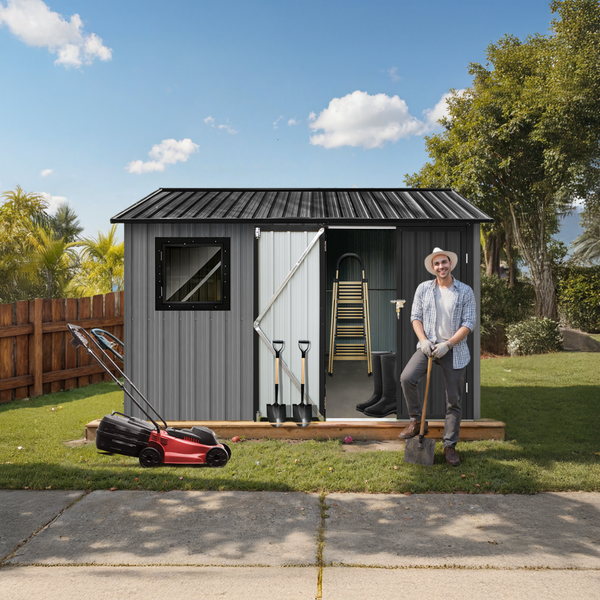 Szene mit einem Geräteschuppen, Rasenmäher und einer Person mit einem Spaten in einem Garten.