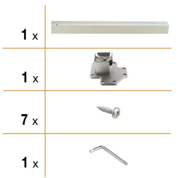 Lieferumfang bestehend aus einem Aluminiumprofil, einem Montagefuß, sieben Schrauben und einem Inbusschlüssel zur Befestigung.