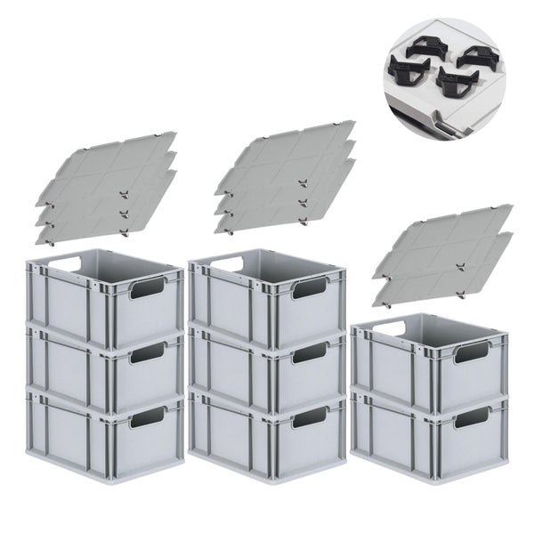 PROREGAL Spar Set 8x Eurobox Nextgen Economy Mit Auflagedeckel & 4x Schiebeschnappverschlüsse Schwarz Griffe Offen HxBxT 22 x 30 x 40 cm 20 Liter