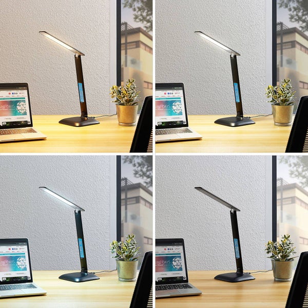 Schwarze LED-Schreibtischleuchte mit digitalem Display für Uhrzeit und Temperatur, verstellbarer Arm, vier Lichtmodi von warmweiß bis kaltweiß.