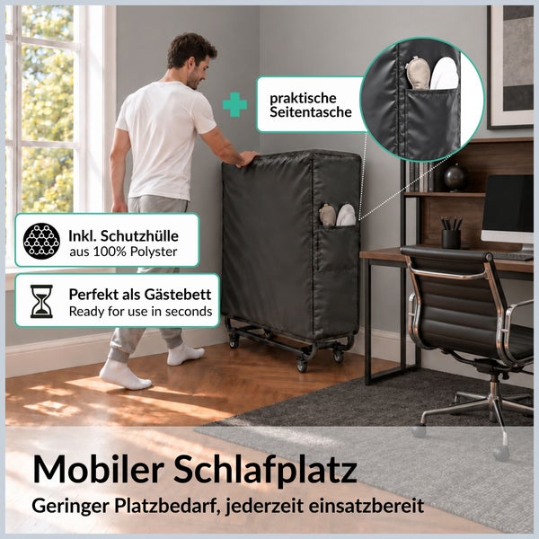 Mobiler Schlafplatz mit Schutzhülle aus Polyester und Seitentasche zur platzsparenden Aufbewahrung als Gästebett in einem Wohnraum.