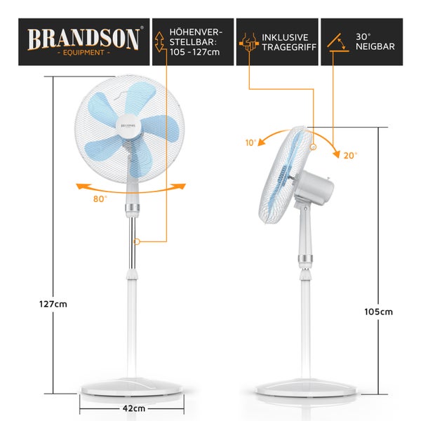 Brandson Standventilator 50W, Standlüfter 40 cm, Ventilator höhenverstellbar, Neigungswinkel 30° verstellbar, hoher Luftdurchsatz