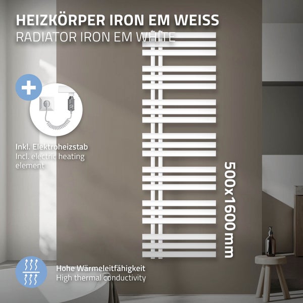 ECD Germany Iron EM Design Badheizkörper Elektrisch mit Heizstab 900 W - 500 x 1600 mm - Weiß - Designheizkörper Paneelheizkörper Heizkörper Handtuchwärmer Handtuchtrockner