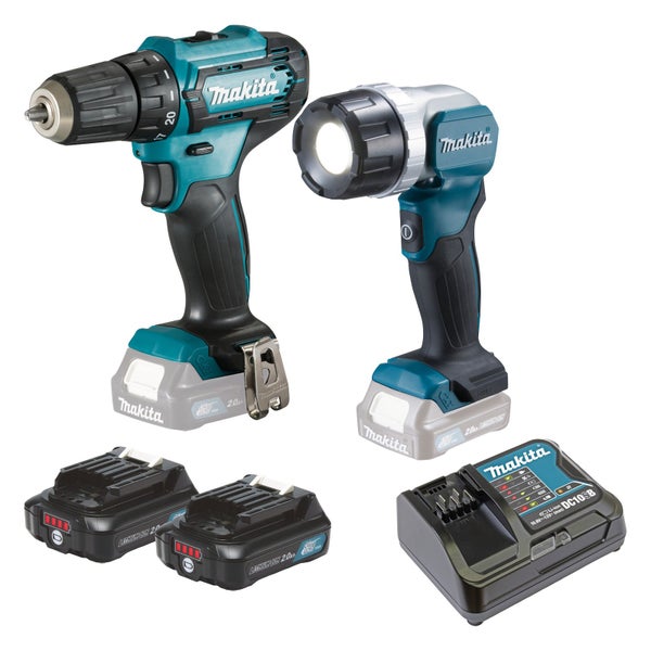 Makita DF333DSAL1 Akku-Bohrschrauber + DEAML106 LED-Akku-Handstrahler 12 V / 2x 2,0 Ah Akku + Ladegerät