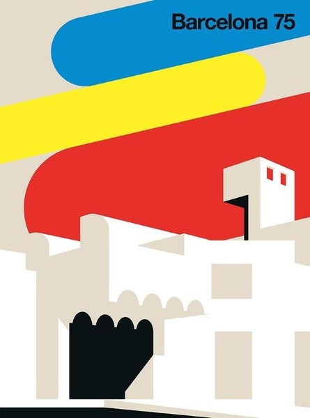 Abstraktes Wandbild mit grafischer Darstellung von Architektur und dem Schriftzug Barcelona 75.