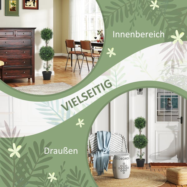 Künstlicher Buchsbaum mit zwei Kugeln im schwarzen Topf, vielseitig einsetzbar im hellen Innenraum und im Außenbereich auf einer Terrasse.