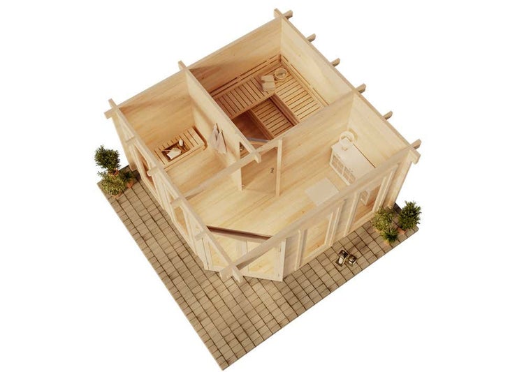 Innenansicht eines modernen Gartenhauses aus Holz mit Sauna, Ruheraum und Umkleide auf einer gepflasterten Fläche.