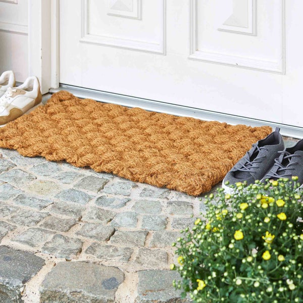 Szene mit einer Kokosmatte vor einer Haustür mit Schuhen und einer Pflanze
