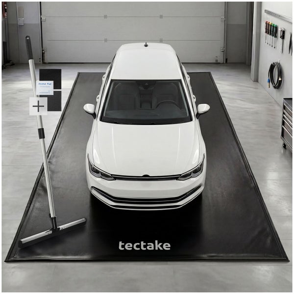 Garagenmatte mit tectake Logo, Abzieher und Reinigungspads zum Schutz des Bodens beim Parken eines Fahrzeugs.