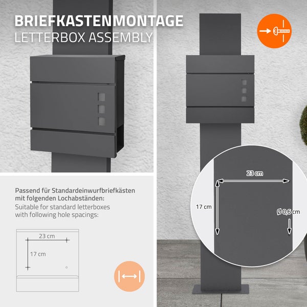 ML-Design Briefkastenständer aus Edelstahl pulverbeschichtet in Anthrazit, Höhe 170 cm, Lochabstand 23x17 cm, Freistehend, zum Anschrauben, für Wandbriefkasten, Briefkasten Standfuß Ständer Halterung