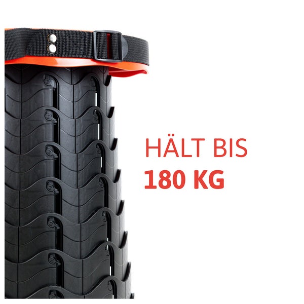 Detailansicht eines Teleskophockers mit Tragegurt und einer Tragkraft von bis zu 180 Kilogramm.