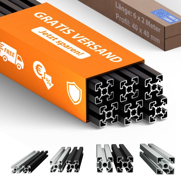Aluminiumprofile in Verpackung mit Hinweis auf kostenlosen Versand und Produktdetails
