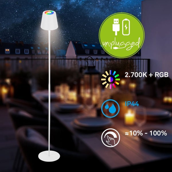 Briloner Coloris RGBW LED Stehlampe kabellos, Dimmbar, Touch, USB-C Aufladung, Kabellos, Weiß, 133 x Ø20,8 cm