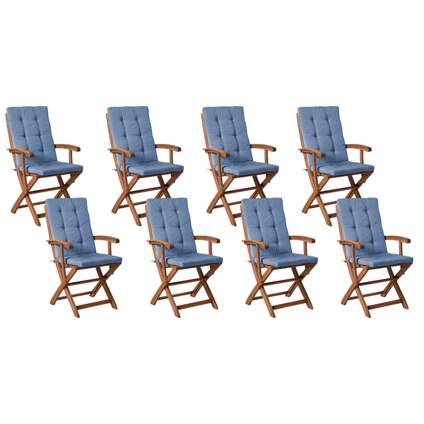 8er-Set klappbare Gartenstühle aus Holz mit hohen Rückenlehnen und gepolsterten Auflagen.