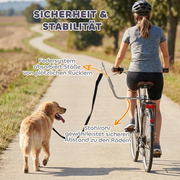 Fahrrad-Hundehalter mit Stahlrohr und Federsystem für einen sicheren Abstand und Stoßdämpfung beim Radfahren mit dem Hund.