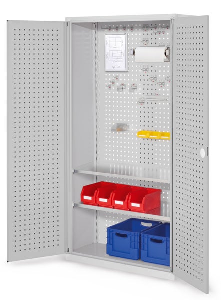 Werkstattschrank mit Lochwand, Regalböden und verschiedenen Aufbewahrungsbehältern