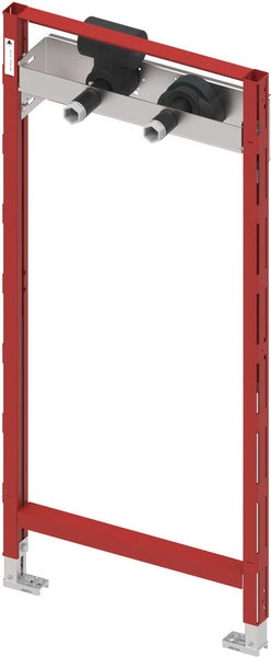 Vorwandelement für Waschtisch mit rotem Metallrahmen, verstellbaren Füßen und integrierten Anschlüssen für Wasser und Abfluss.