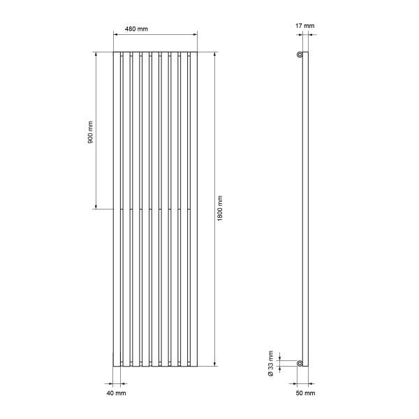 LuxeBath Paneelheizkörper Stella Mittelanschluss Vertikal 480 x 1800 mm Weiß inkl. Anschlussgarnitur mit Thermostat Durchgangsform Bodenanschluss, Heizkörper Flach, Badheizkörper Einlagig Heizung
