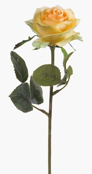 Künstliche gelbe Rose mit einer Blüte und grünem Stiel mit Blättern aus Textil und Kunststoff.