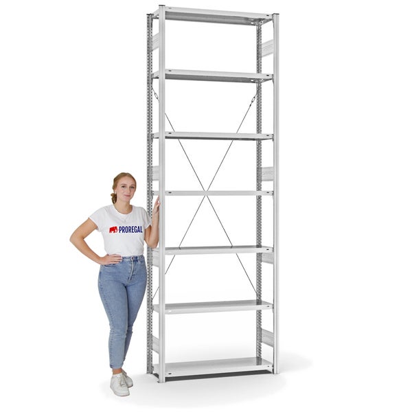 PROREGAL Fachbodenregal Stecksystem T-Profil Heavy-Duty Grundregal HxBxT 300 x 100 x 30 cm 7 Ebenen Fachlast 300 kg Einseitig Nutzbar Lichtgrau