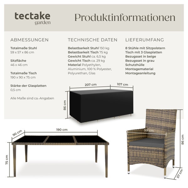 Rattan Sitzgruppe tectake Menorca 2 Bezugssets, inklusive Schutzhülle mit Aluminiumgestell natur