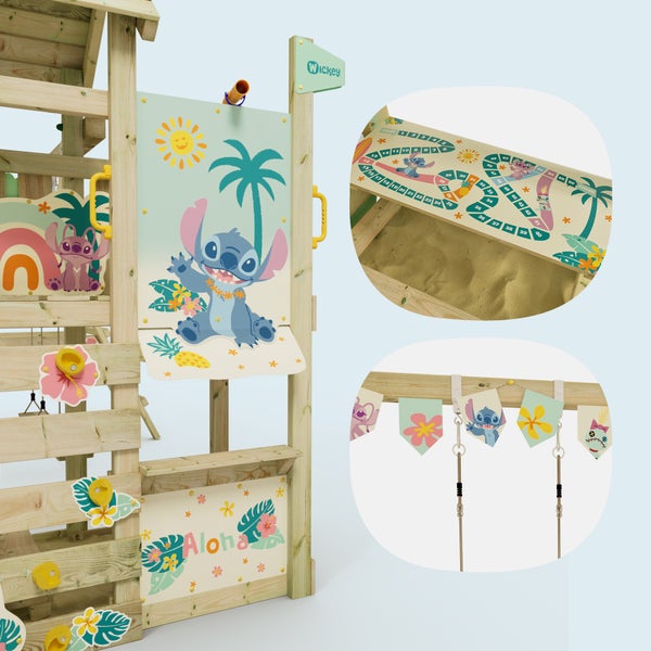 WICKEY Spielturm Disney Stitch Story mit Rutsche, Kletteranbau und Doppelschaukel