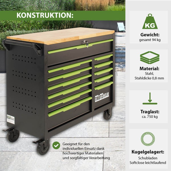 Trutzholm Werkstattwagen mit Holzplatte, elf kugelgelagerten Softclose-Schubladen, Stahlstärke 0,8 Millimeter, Traglast circa 750 Kilogramm.