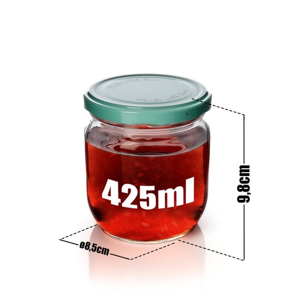 Einmachglas mit einem Fassungsvermögen von 425 ml und den Abmessungen 9,8 cm Höhe und 8,5 cm Durchmesser.