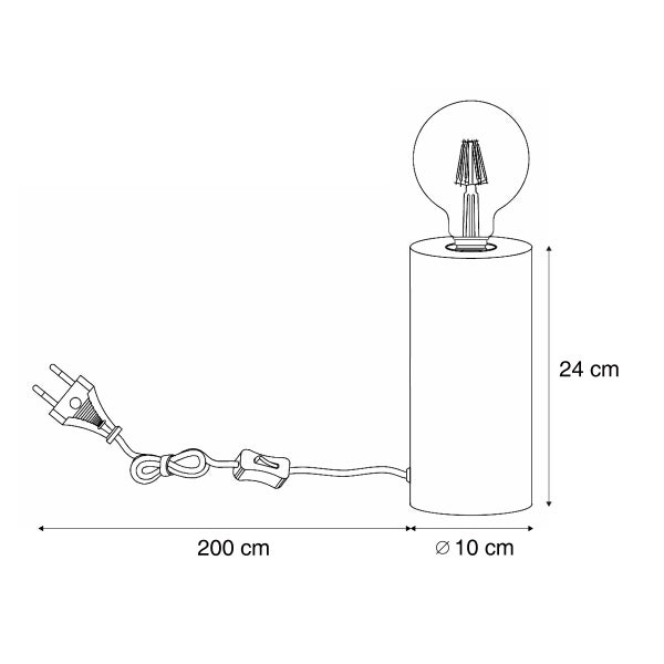 Technische Zeichnung einer zylindrischen Tischleuchte mit Leuchtmittel: Höhe 24 Zentimeter, Durchmesser 10 Zentimeter, Kabellänge 200 Zentimeter.