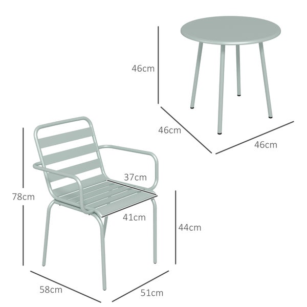Outsunny 3tlg.  Gartenmöbel Set, mit 1 Couchtisch, 2 Stapelbaren Stühlen, 51L x 58B x 78H cm, Stahl, Grün