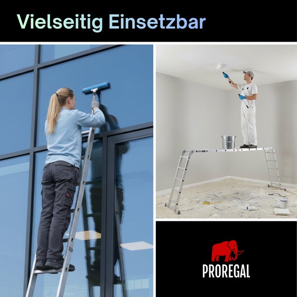 Vielseitige Aluminiumleiter: Frau reinigt Glasfassade, Mann nutzt sie als Arbeitsplattform zum Deckenstreichen. Proregal Logo.