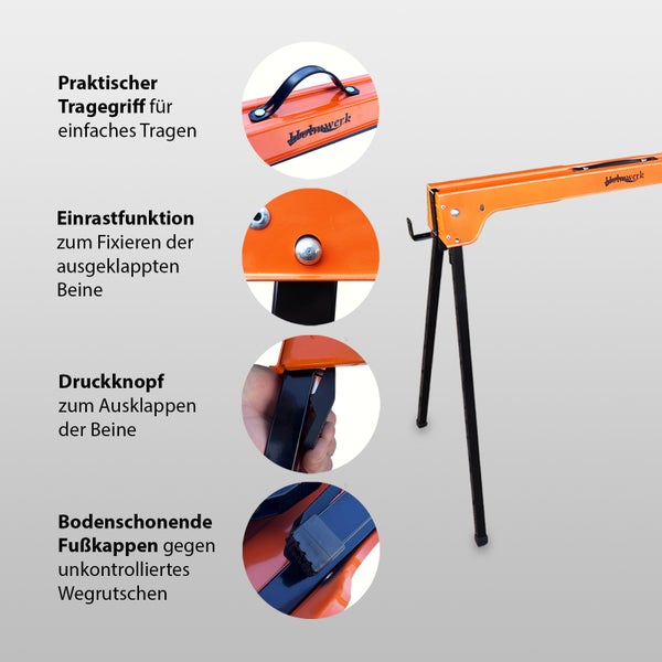 Holzwerkbock mit Tragegriff, Verriegelungsfunktion, Druckknopf und Bodenschutzkappen