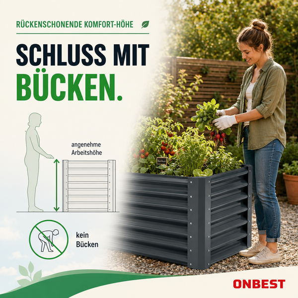 Hochbeet aus Metall im Garten mit Frau beim Ernten. Ergonomische Arbeitshöhe zur Entlastung des Rückens ohne Bücken. ONBEST Logo.
