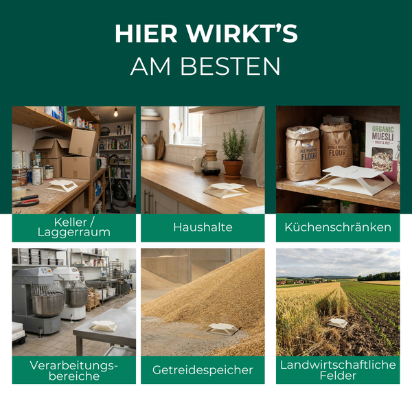 Anwendungsbeispiele für Schädlingsbekämpfung in Kellern, Haushalten, Küchenschränken, Verarbeitungsbereichen, Getreidespeichern und landwirtschaftlichen Feldern