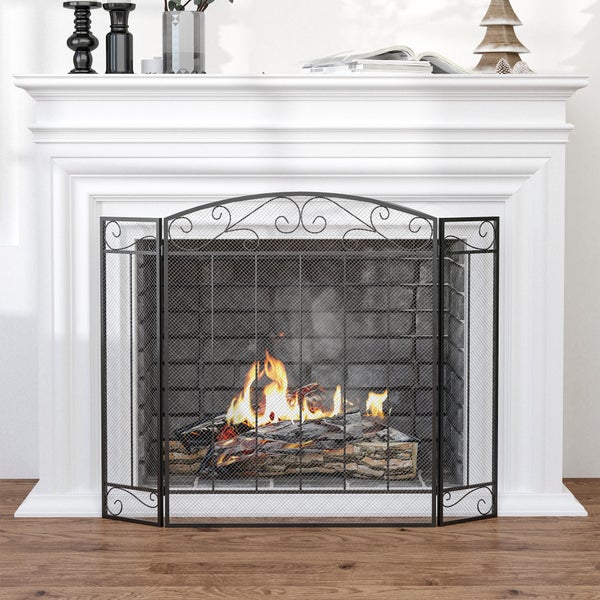 HOMCOM Kaminschutzgitter, Klappbares Kamingitter mit 3 Paneelen, Ofenschutzgitter, Funkenschutzgitter für Wohnzimmer, Stahl, 105 x 80,5 cm, Schwarz