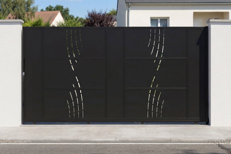 Modernes schwarzes Schiebetor aus Metall mit dekorativen Ausschnitten zwischen zwei weißen Pfeilern vor einem hellen Wohnhaus.