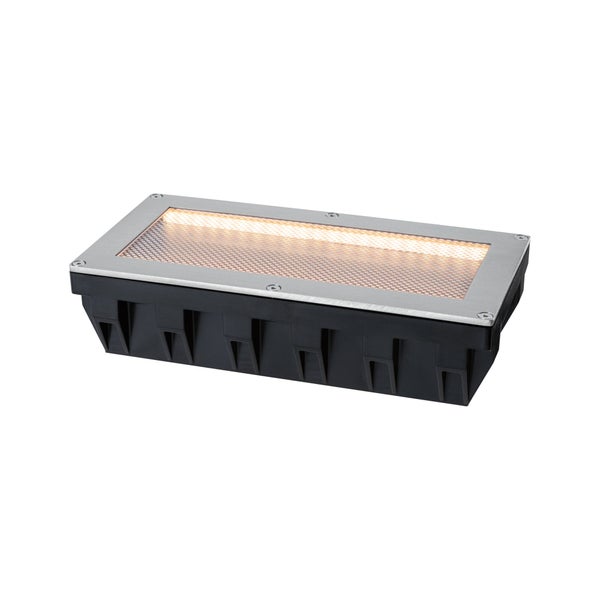 Rechteckiger LED-Bodeneinbaustrahler aus Edelstahl und Kunststoff für den Außenbereich mit warmem Licht.