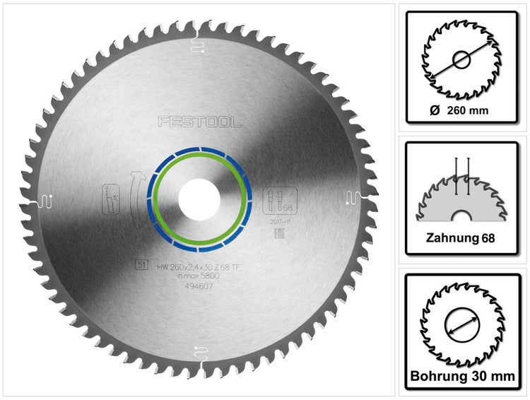 Festool Spezial Kreissägeblatt TF68 Alu Kunststoff 260 x 2,4 x 30 mm ( 494607 ) 260 mm 68 Zähne für KS 88 120