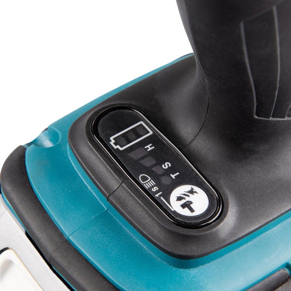 Detailansicht der Steuerung eines Werkzeugs mit Akkuanzeige und Funktionswahlschalter