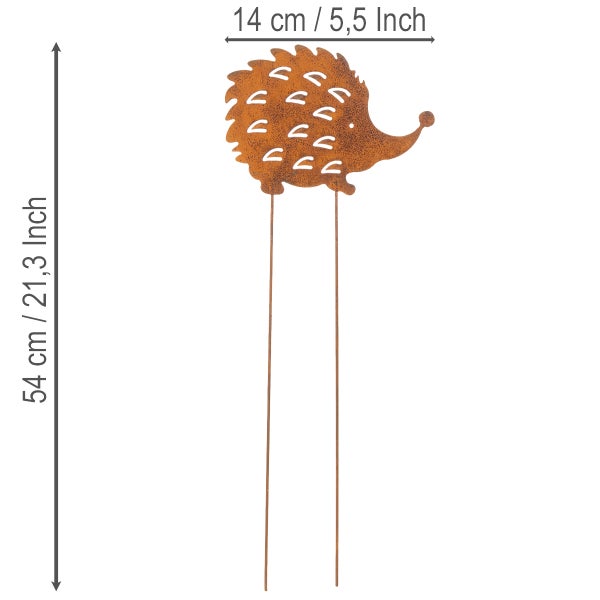 Gartenstecker Igel aus Metall mit Rost-Optik, Höhe 54 Zentimeter, Breite 14 Zentimeter.