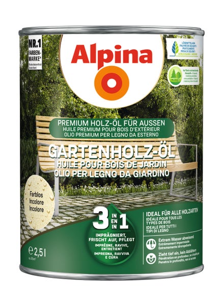 Alpina Gartenholz-Öl farblos, 2,5 Liter. Lösemittelarm, 3 in 1 Funktion: imprägniert, frischt auf und pflegt Holz im Außenbereich. Alpina Logo.