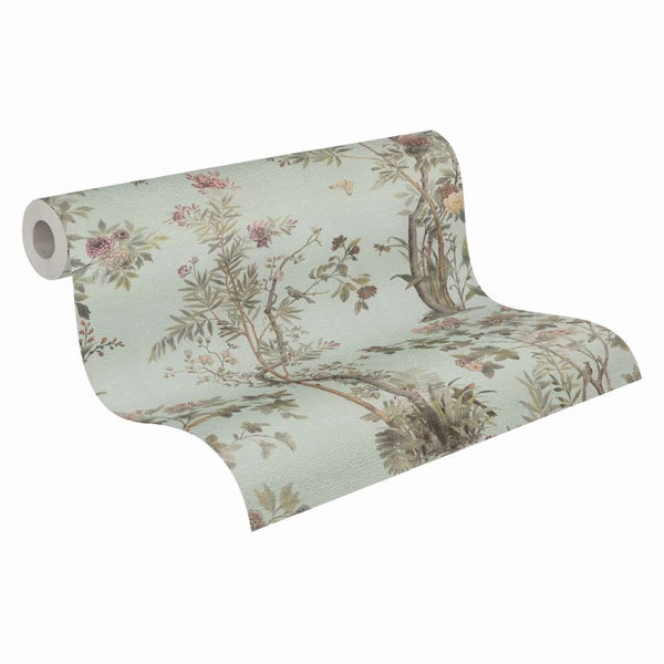 Eine Tapetenrolle mit Blumen und Vogelmotiv im Vintage Stil für eine ansprechende Wandgestaltung.