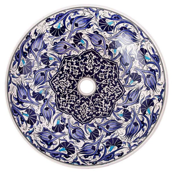 Rundes Aufsatzwaschbecken mit blauem Blumenmuster