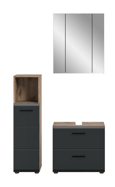 Badezimmermöbel-Set bestehend aus dreitürigem Spiegelschrank, Waschtischunterschrank und Hochschrank in Holzoptik und Anthrazit.