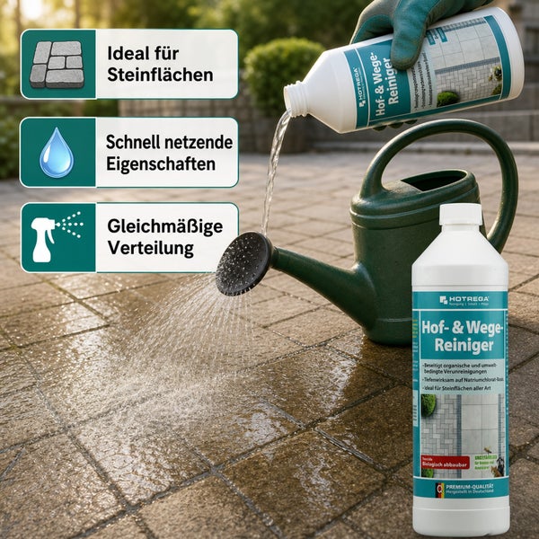 Hotrega Hof und Wege Reiniger beim Ausgießen aus einer Gießkanne auf eine gepflasterte Steinfläche mit Produktvorteilen als Textoverlay.