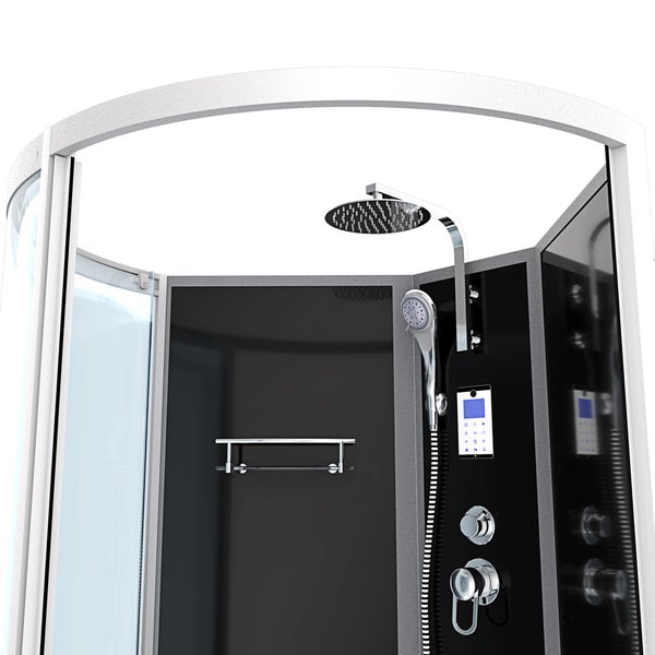 Moderne Duschkabine mit Regenduschkopf, Handbrause, digitalem Display und Glasregal an schwarzen Rückwänden.