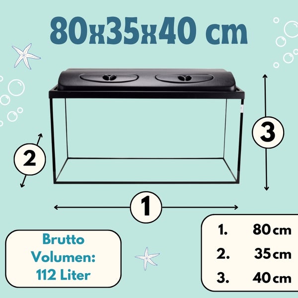 Aquarium mit den Maßen 80 x 35 x 40 cm und einem Bruttovolumen von 112 Litern